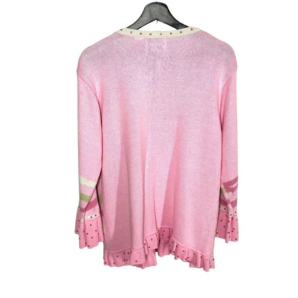 Storybrook Knits Pink V Neck Polka Dot Ramie Cotton Blend Cardigan Large - Picture 2 of 8